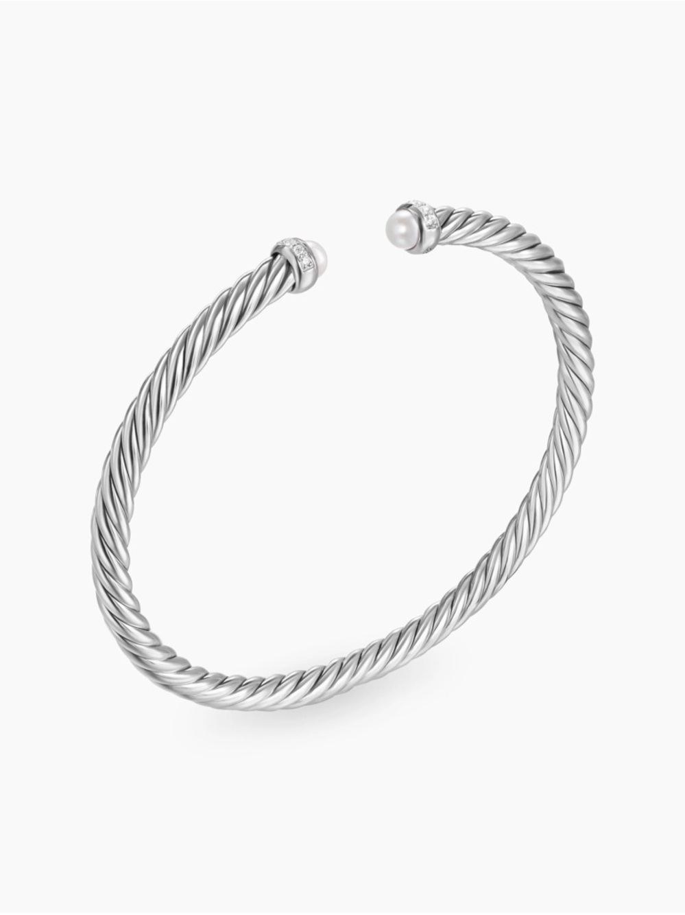 David Yurman Silver Cable Cuff with Pearl End Caps & Diamonds